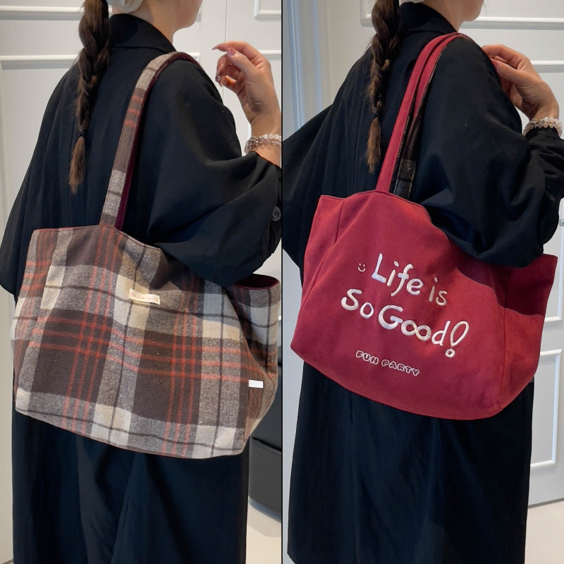 autumn/winter hot-selling double-sided backpack - women's niche plaid design shoulder bag - large capacity versatile tote bag