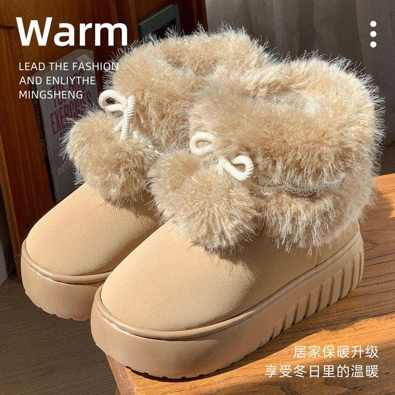 Fur ball snow boots for women winter2025new arrivalfleece-linedthickenedheattech fur thick sole short boots outwear northeast cotton shoes
