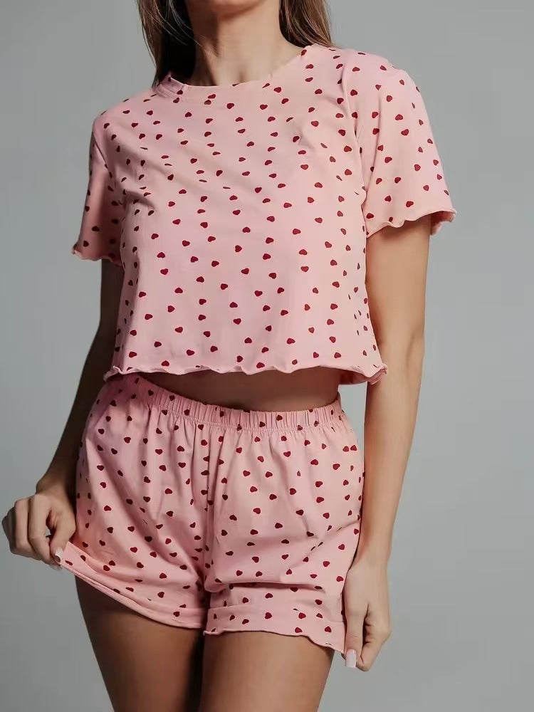 spring/summer new fashion heart print short sleeve & shorts pajama set - cross-border breathable loungewear for women - wholesale