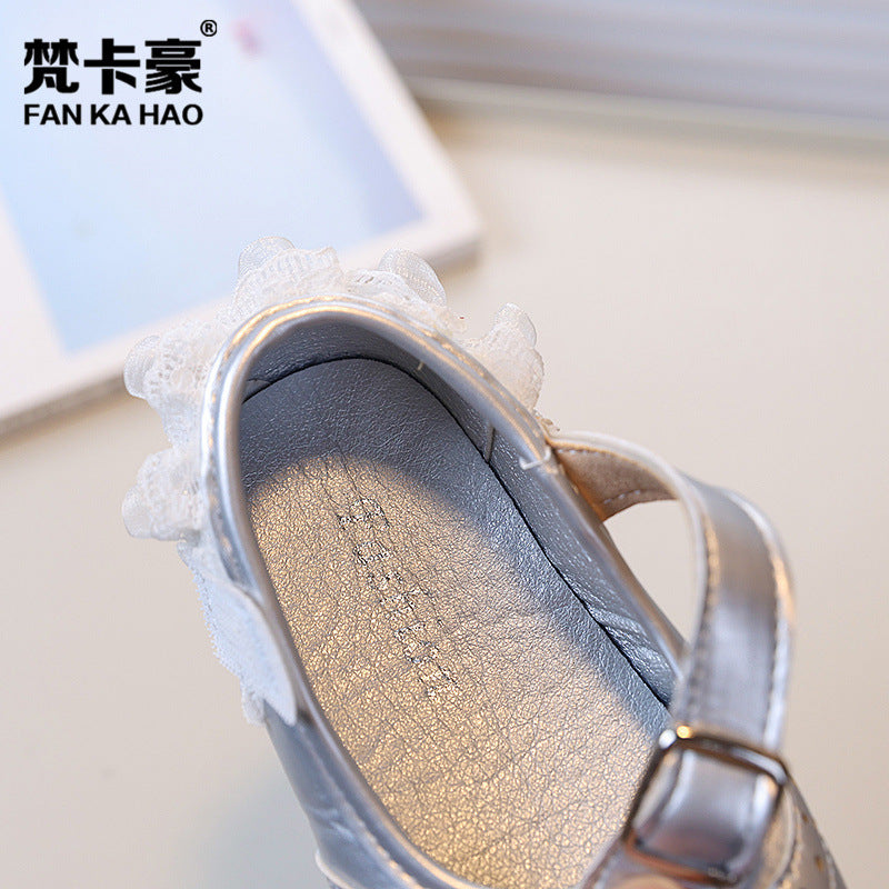 Girls' lace-trimmed princess shoes, new autumn  korean style, soft-soled black leather shoes for toddlers and little girls