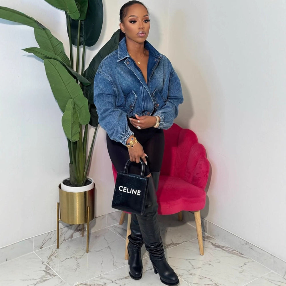 European and american style women's denim jacket - new  cross-border women's fashion - washed, turn-down collar, drawstring, long sleeve, short zip-up jacket