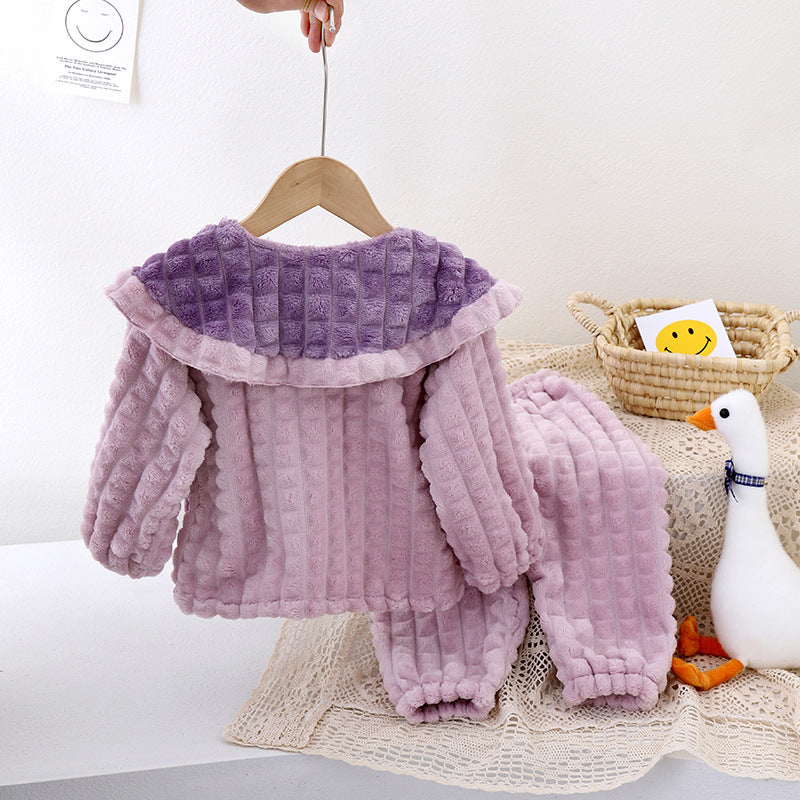 Girls' fleece-lined autumn/winter set: cute, thickened, warm coral fleece casual loungewear for girls - two-piece thick set
