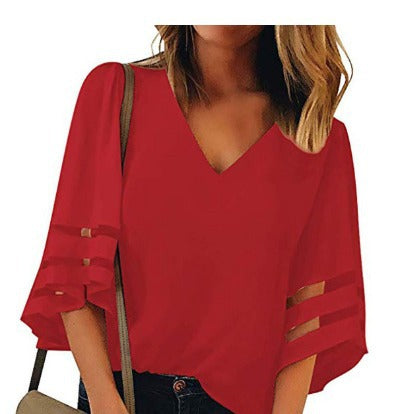 fashionplus size mesh patchwork women's v neck mesh bell sleeve loosetopsin stock