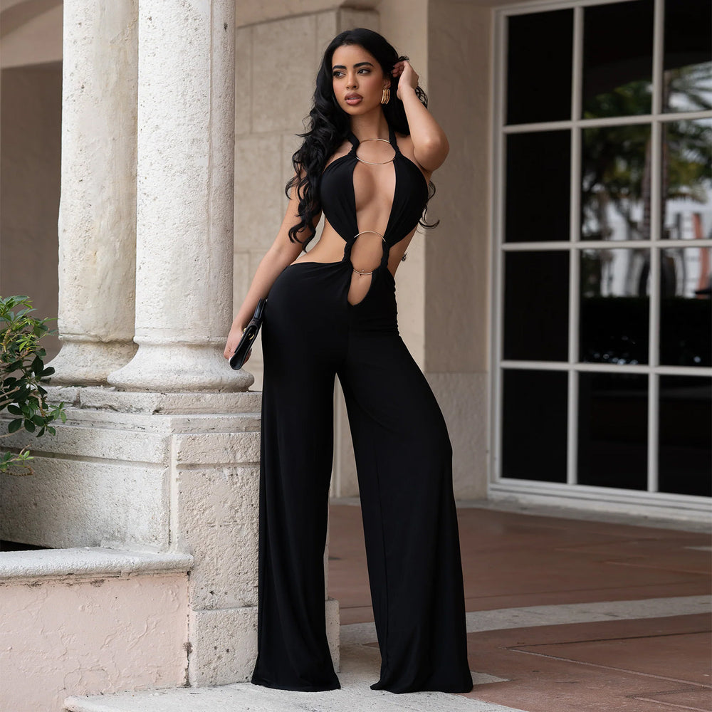 C7687 cross-border   fashion women's sexy lace-up backless solid color bodycon jumpsuit