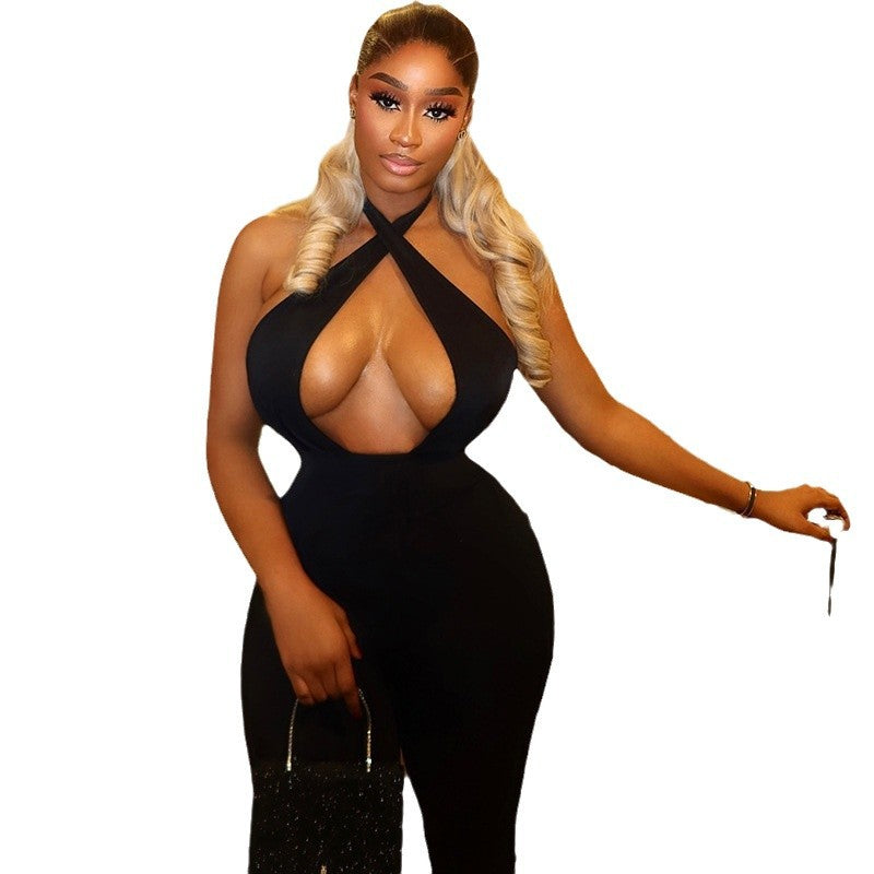 European and american style cross-border women's fashion sexy micro-stretch bodycon solid color long jumpsuit sleeveless halter backless bodysuit