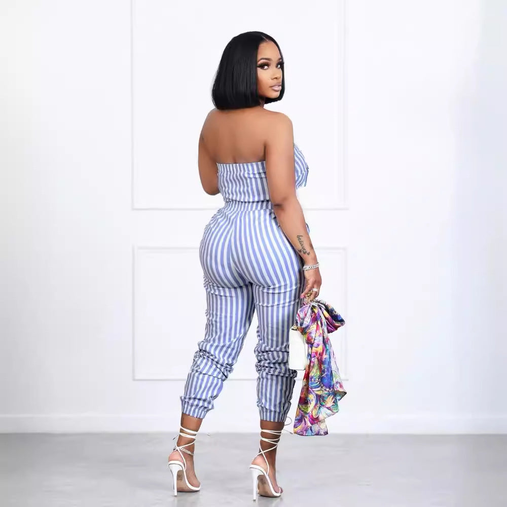 Amazon   hot selling  new european and american women's striped bandeau jumpsuit