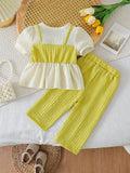 Children's clothing  fashion children's clothing cross-border girl beige tops + green pants