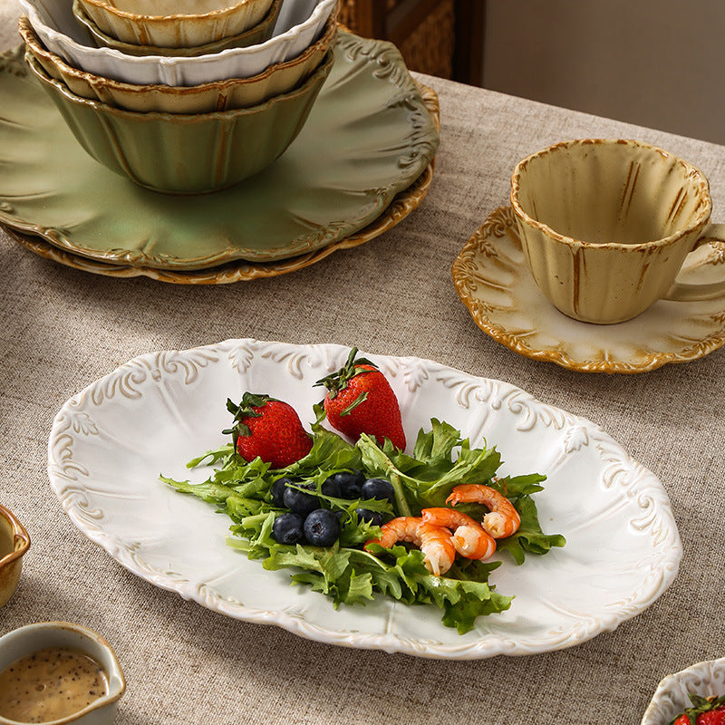 Embossed retro ceramic dinnerware set - french-inspired plates, high-end steak plates, dessert bowls, and rice bowls for home use
