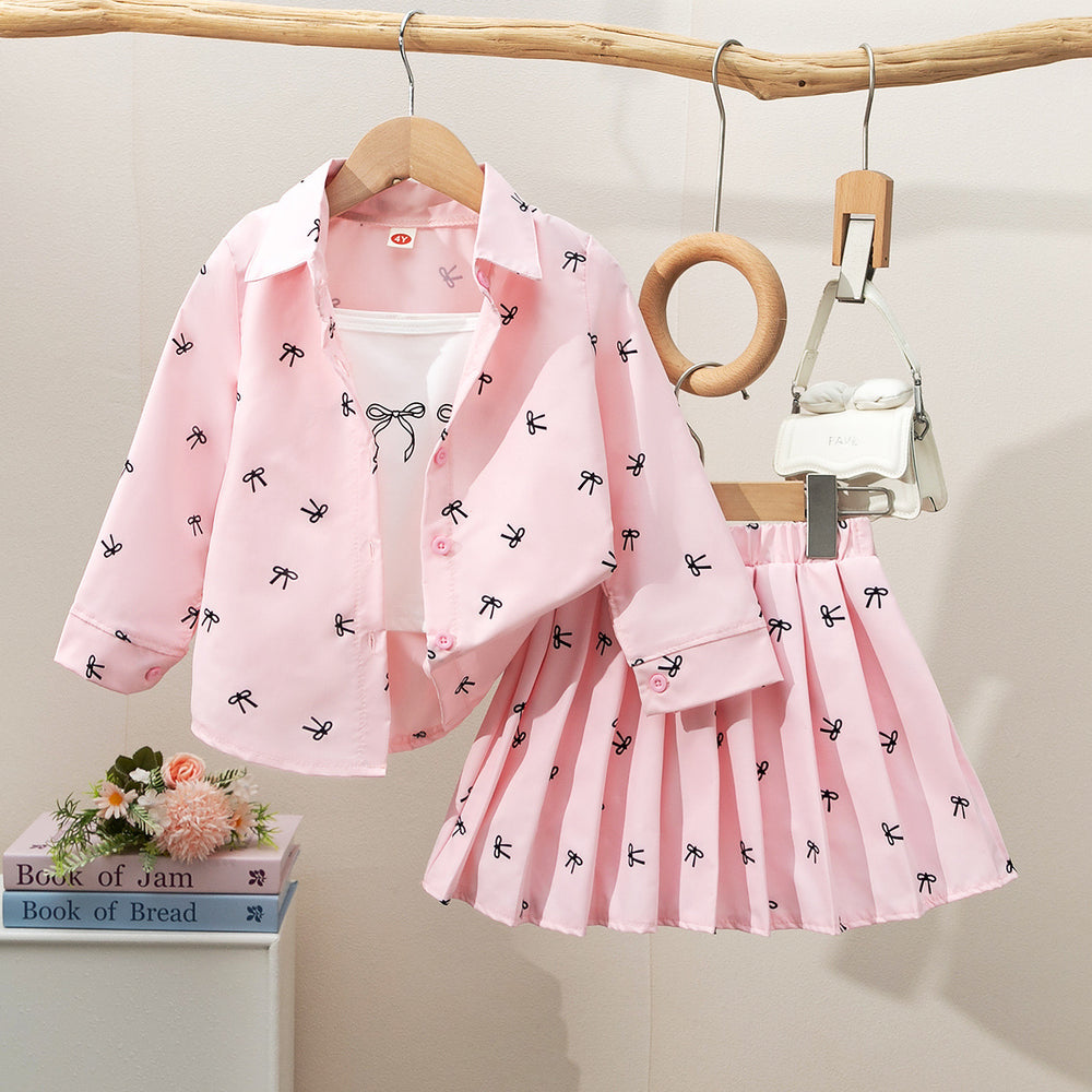 Girls' fashion bow-tie print outfit set - 3-piece cami top + collared blouse & skirt set