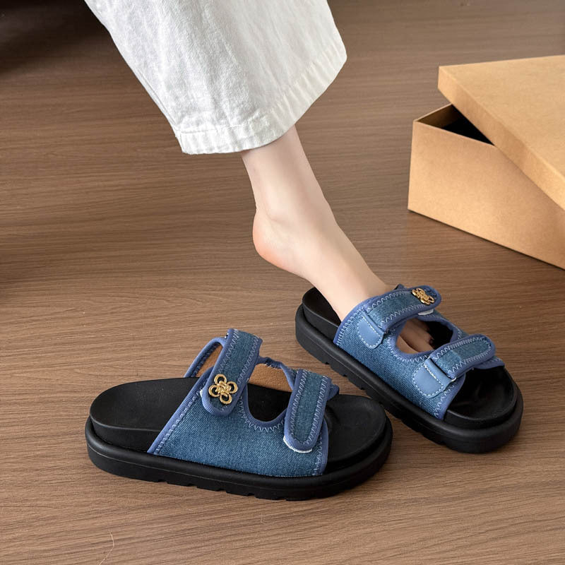 Plus size chunky platform sandals women's  summer denim outerwear velcro print beach flip-flops export