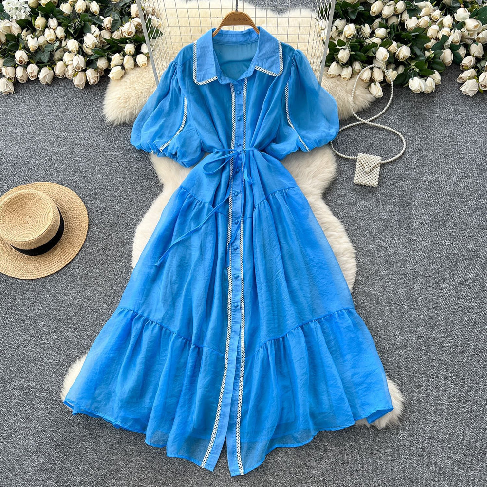French gentle style elegant lapel lantern sleeves tie back waist single-breasted dress female super fairy slimming look long skirt