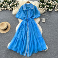 French gentle style elegant lapel lantern sleeves tie back waist single-breasted dress female super fairy slimming look long skirt