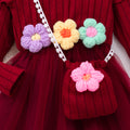 Girls' (toddler & little kid) dress, featuring 3d floral appliqués, ribbed knit paneling, mesh long sleeves, and includes a matching crossbody bag