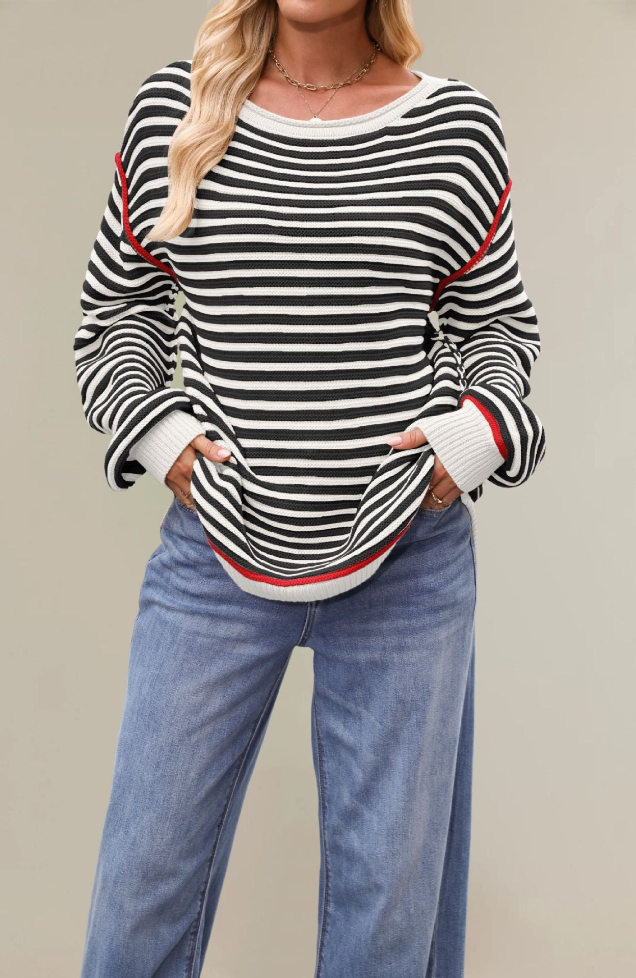 Cross-border new hot-selling autumn and winter sweaters, European and American women's clothing 2025 popular striped tops, round neck pullover, loose long sleeves