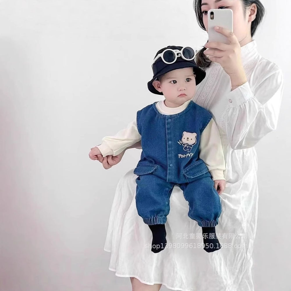 Spring and autumn suit baby clothes new arrival baby men and women infants and young children style denim suspenders two-piece set outing clothes