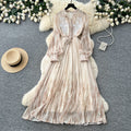 French romantic lantern sleeve printed dress - women's summer a-line maxi dress with cinched waist and tie detail - high-end and elegant