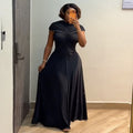 European and american cross-border african women's clothing  spring new arrival: elegant round neck pleated slim-fit long dress