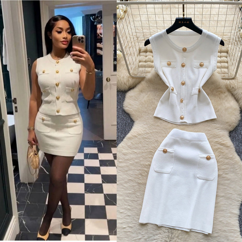 Pure desire style silmsweet season metal buckle sleeveless tops hip cover skirt knittingtwo-piece set women's summersuit