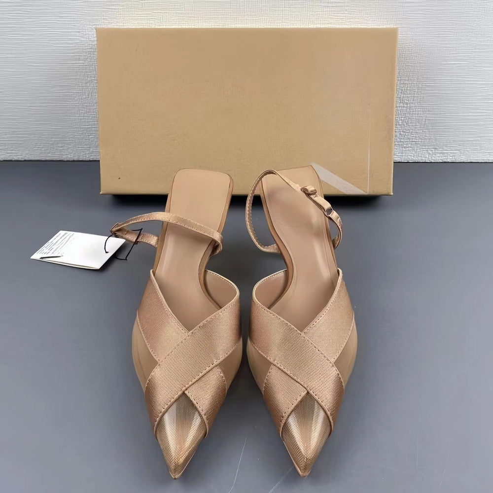 Spanish trendy brand 2024 french pointed-toe elegant criss-cross mesh stiletto heel sandals with elastic back strap for women