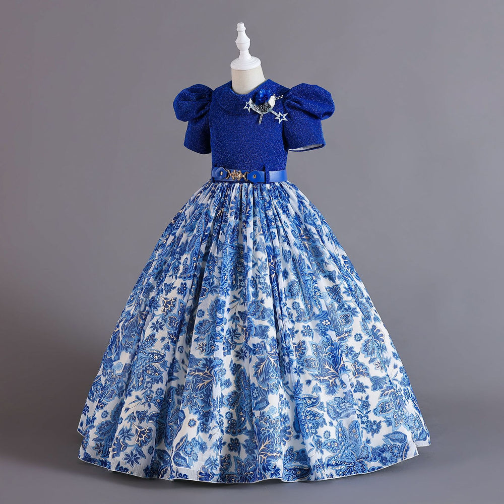 Exportnew arrival children's clothing chiffon retro pattern kids dress girl wearing waist princess dressgirl dress