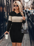Fall and wintercontrast colorstripesknitting hip skirt round neck long sleeves elastic silmslimming lookplus size women's sweaterdress