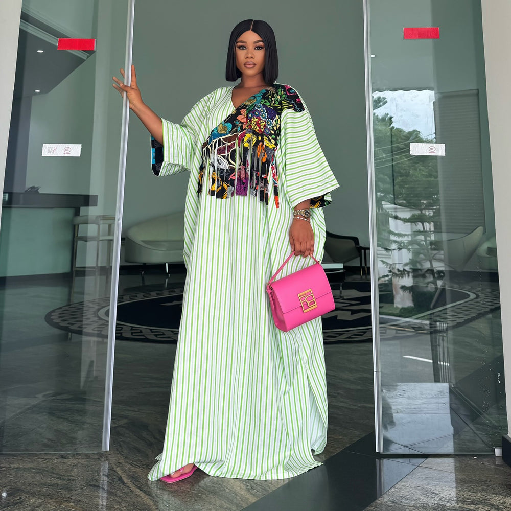 European and american cross-border women's clothing:  summer new arrival - elegant v-neck, loose fit, plus size, patchwork slit striped dress for women