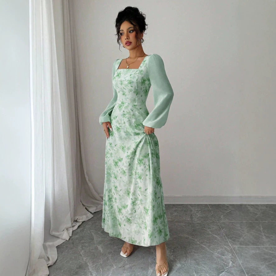 European and american cross-border  french mist light green smudged long skirt square neck long high waist a-line long fairy dress