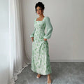 European and american cross-border  french mist light green smudged long skirt square neck long high waist a-line long fairy dress