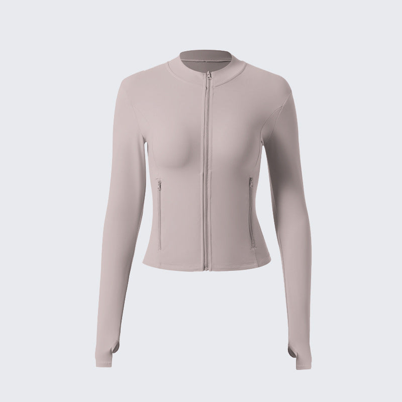 New zipper stand-up collar long-sleeved yoga clothes women's outdoor running fitness with chest pad thumb hole nude sports long sleeves