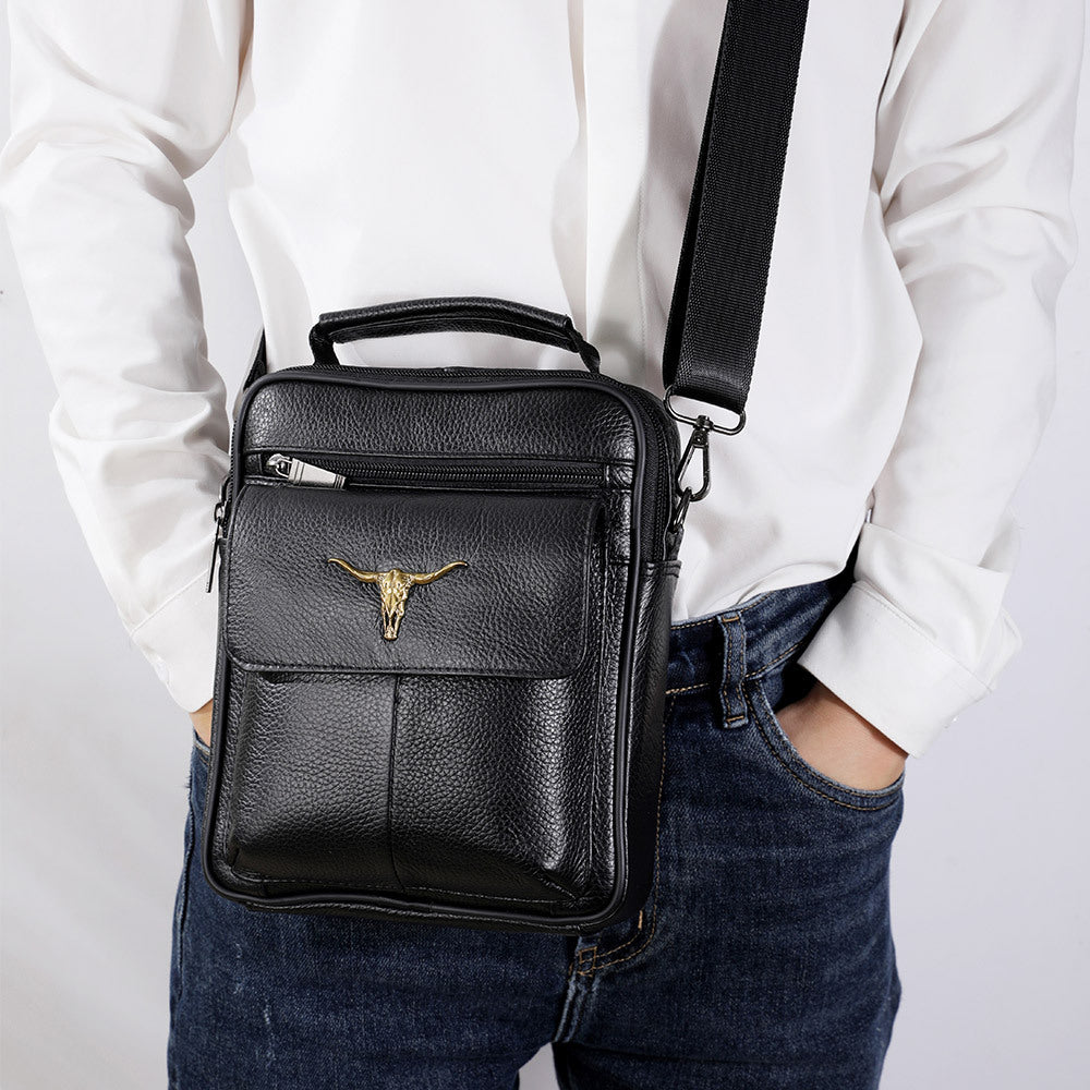 Casual shoulder messenger bag, men's leather satchel handbag, first-layer cowhide shoulder bag, large-capacity men's bag.