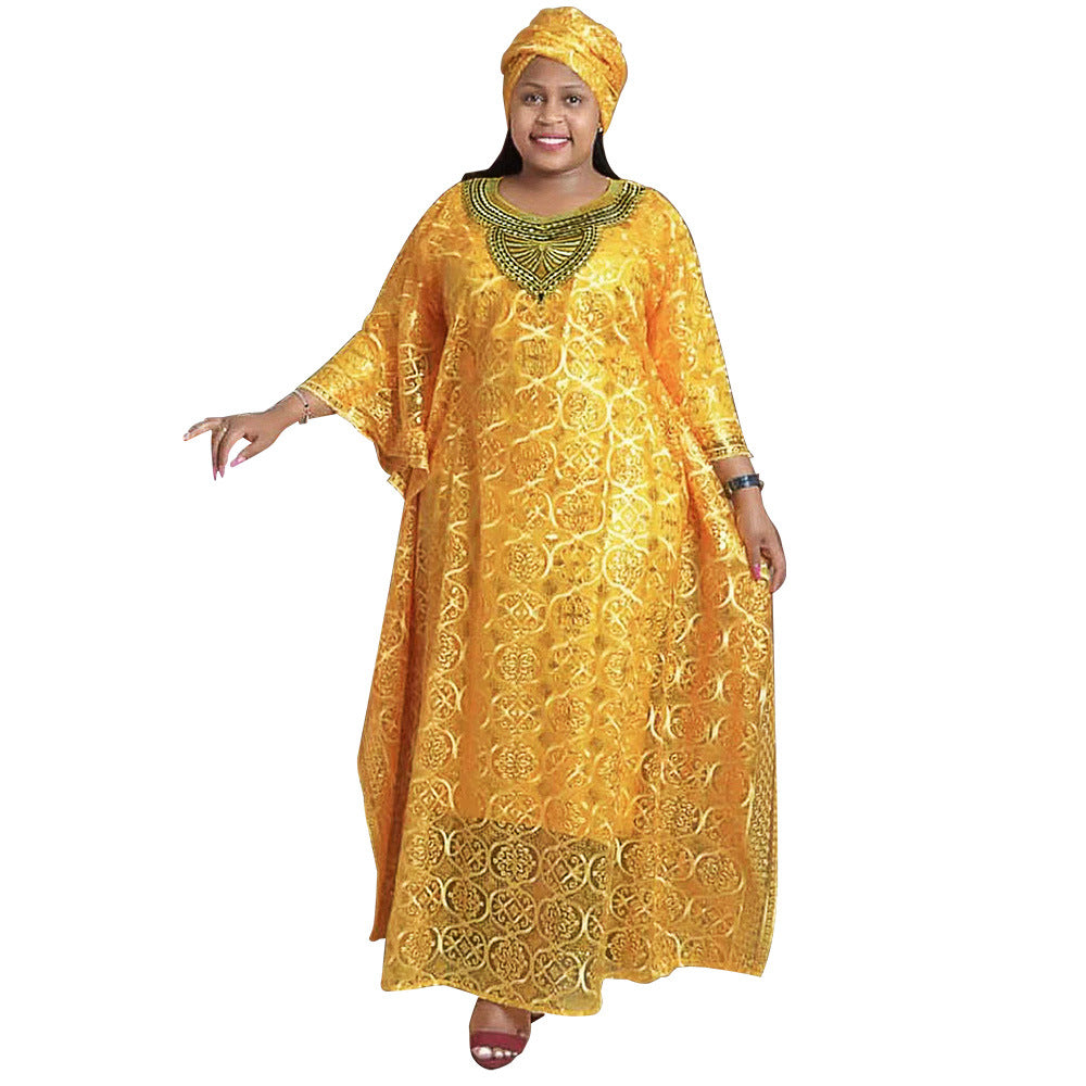 European and american export african women's embroidered lace loose batwing sleeve dress robe three-piece set with vest and headscarf