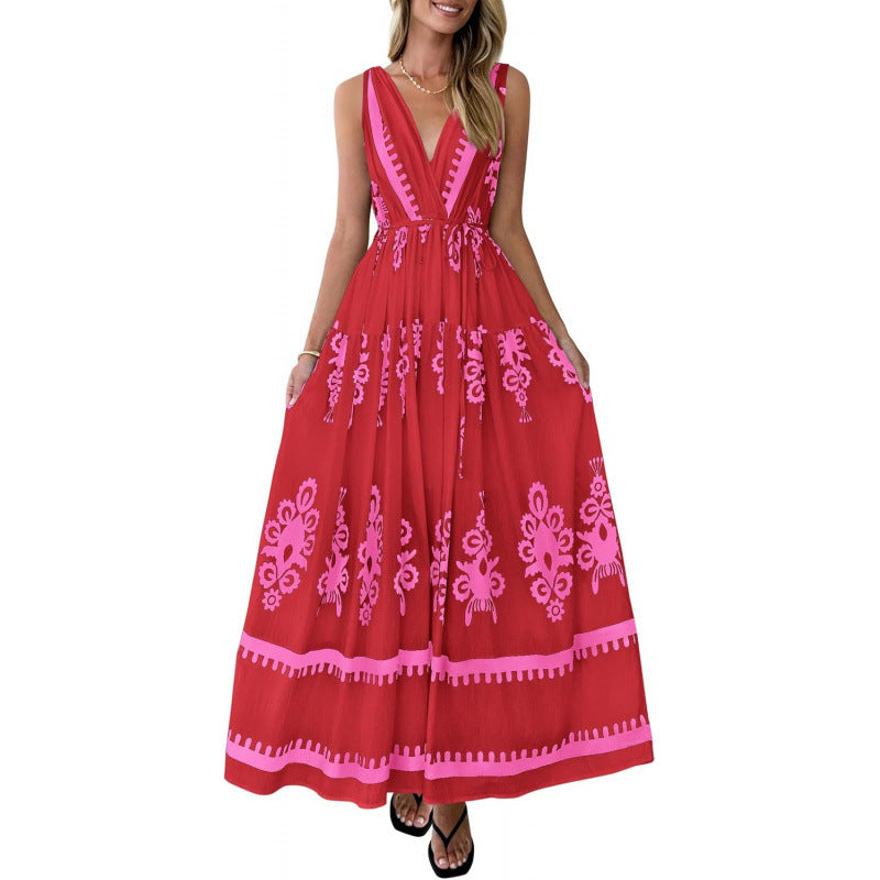 Amazon fashion v neck sleeveless suspender skirt women's  summer bohemia style beach vacation skirt