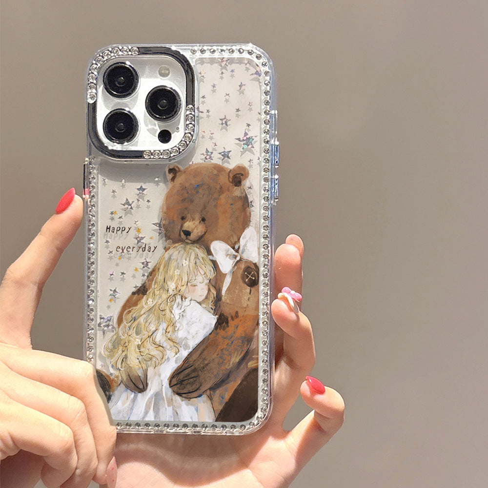 Suitable for iphone 16 hand-painted girl and bear mobile phone case apple 17 diamond glitter anti-fall diamond star hard case
