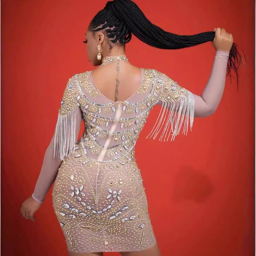 supply elastic mesh hot diamond rhinestone tassel sexy silmcustom performance costume evening dress
