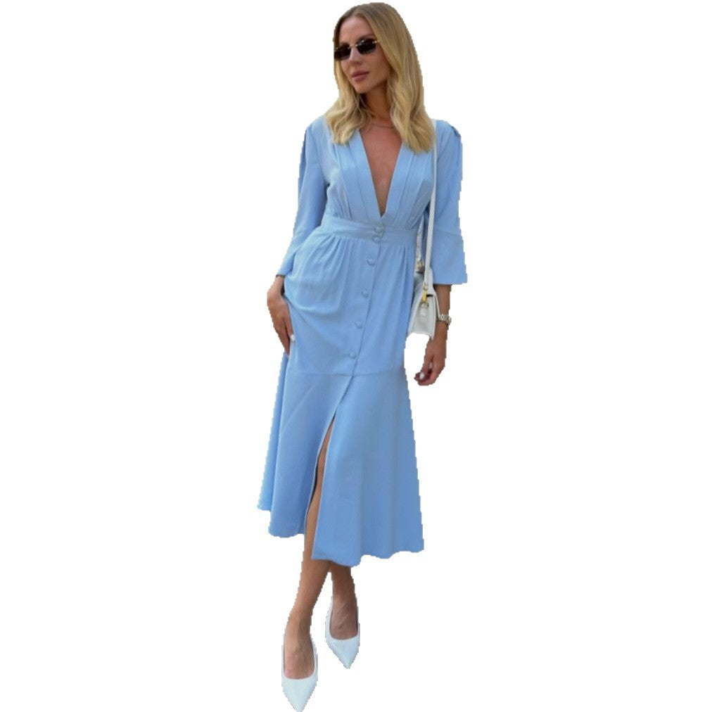 Cross-border European and American solid color dark V-neck cardigan dress women's  women's clothing high waist slim temperament split-ended long dress