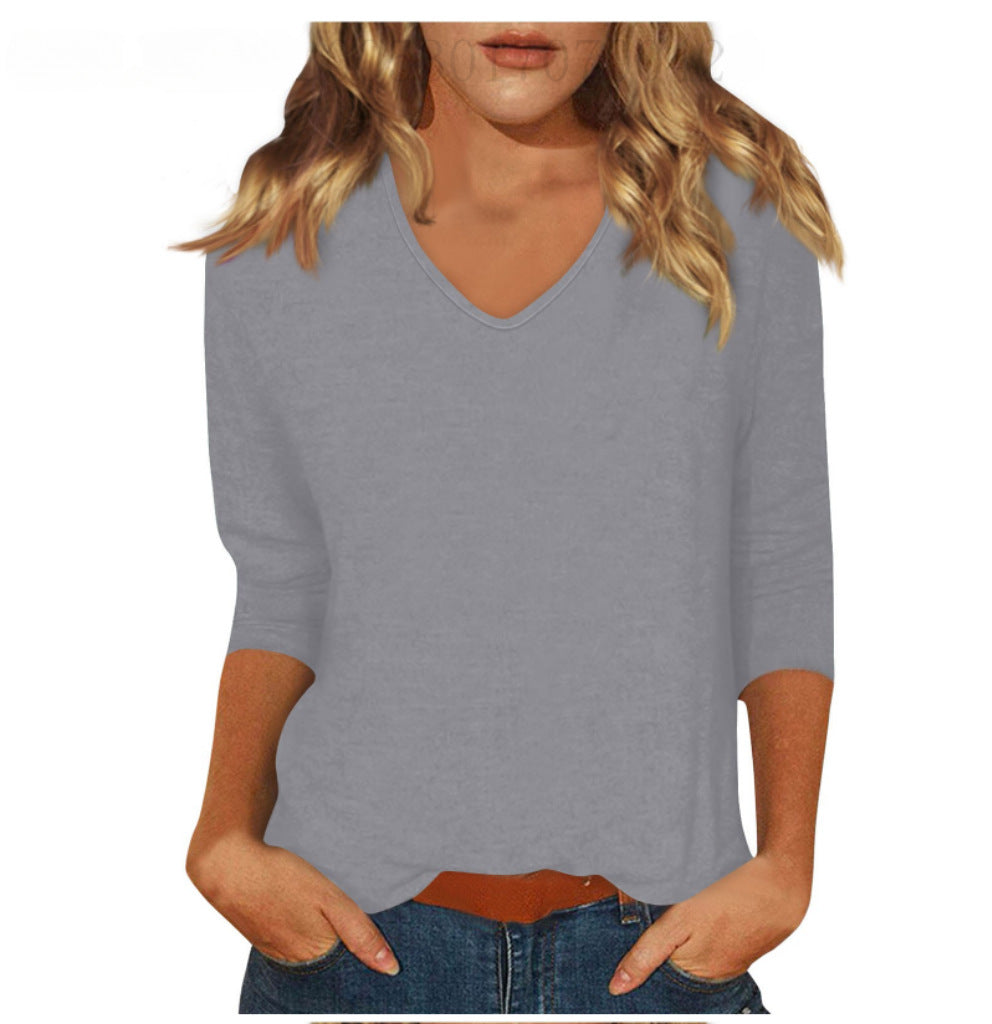 cross-border  women's everyday versatile casual v-neck solid color three-quarter sleeve t-shirt top