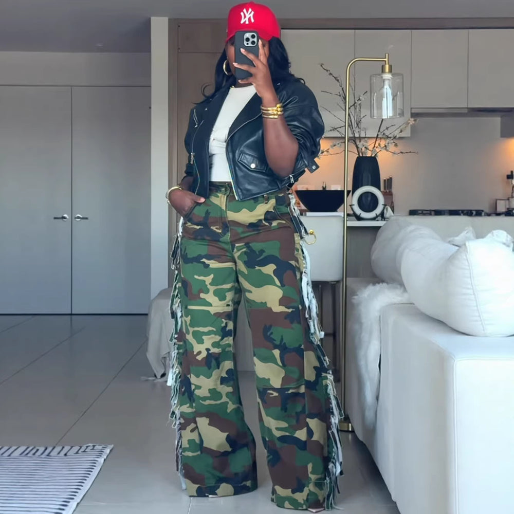 European and american style camouflage jeans -  cross-border women's fashion hot girl side frayed wide leg pants