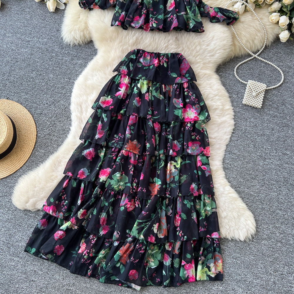Floral off-the-shoulder bandeau cake dress two-piece set - women's summer sweet & sultry romantic maxi dress outfit
