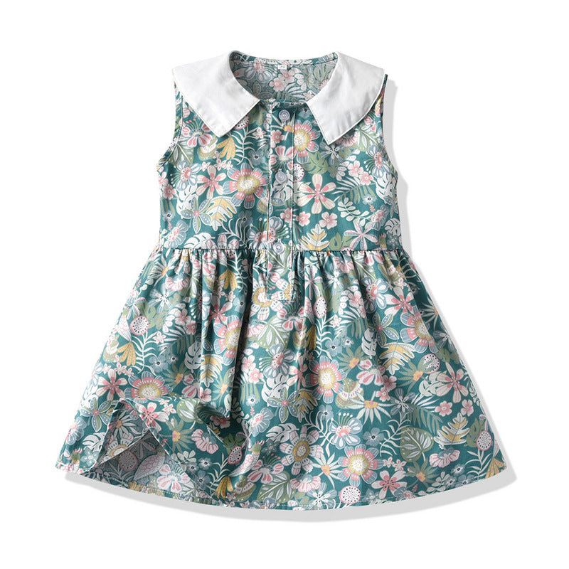 Girls' summer new sweet princess dress, kids' sleeveless floral print doll collar dress - wholesale & dropshipping available
