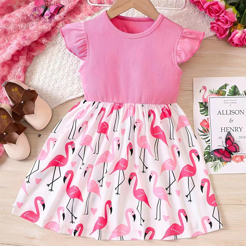 Ojitu  new cross-border collection: girls' and children's summer printed ruffle trim casual everyday dress