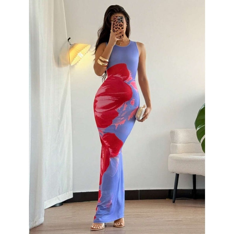 Amazon ins same style sleeveless tie-dye zebra print printingsilmsexy hip-hugging long women's dress