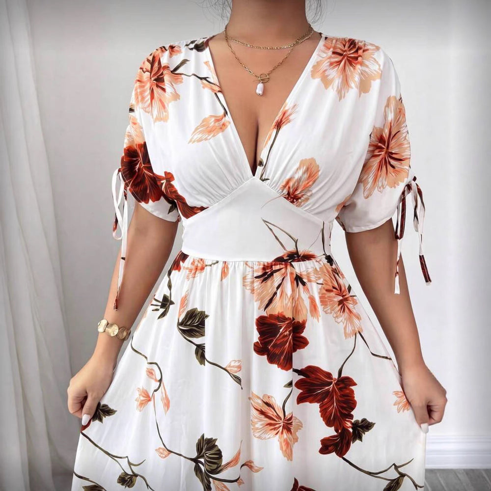 European and american cross-border  women's v-neck drawstring midi dress - summer print beach vacation travel maxi skirt