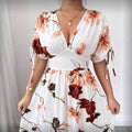 European and american cross-border  women's v-neck drawstring midi dress - summer print beach vacation travel maxi skirt