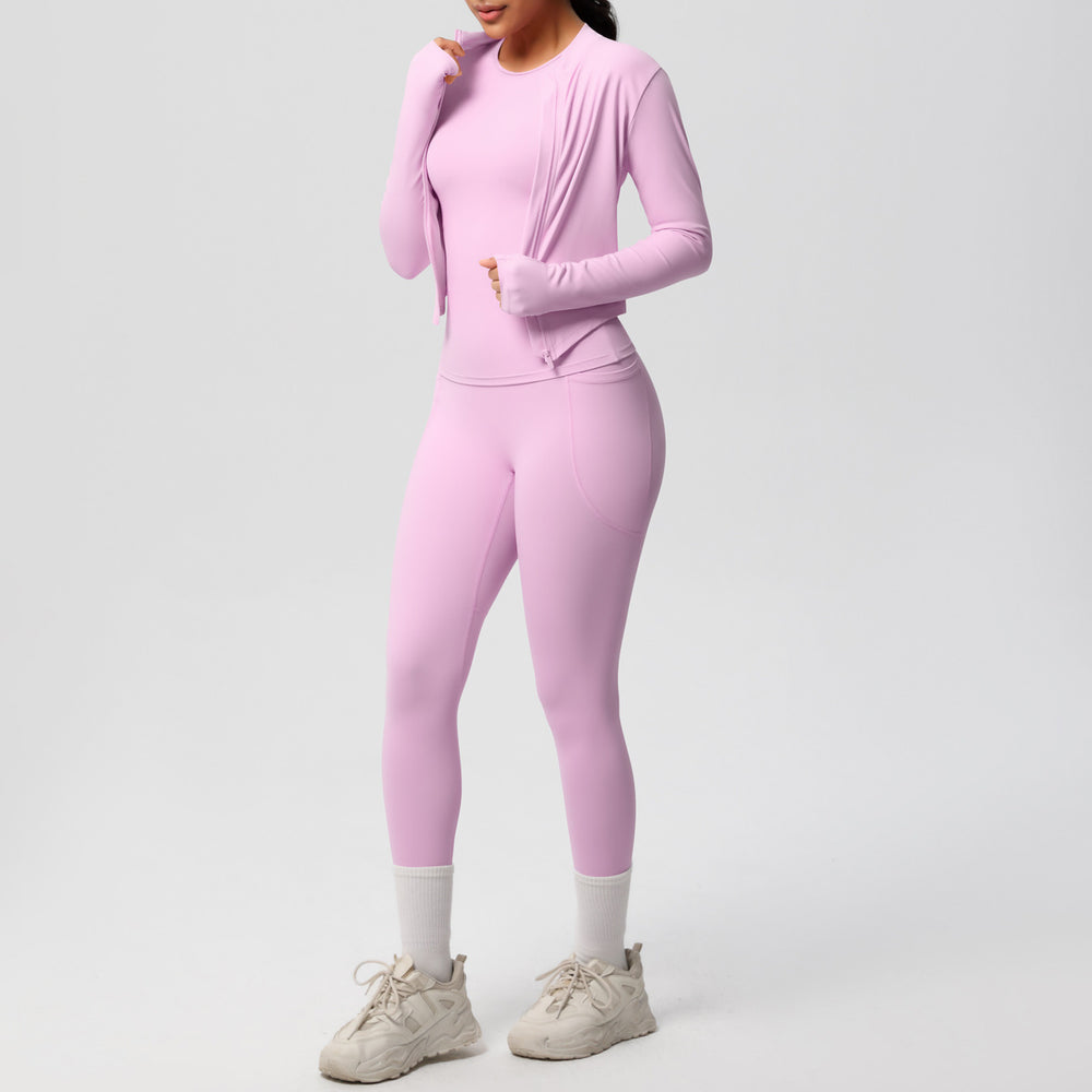 European and american new cloud-feel brushed short-sleeve activewear set: zip-up jacket, casual running top, and butt-lifting yoga leggings - women's 3-piece set