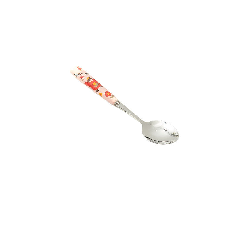 Cartoon girl ceramic handle high-temperature resistant anti-scald fork and spoon set, premium stainless steel cutlery, steak knife and fork