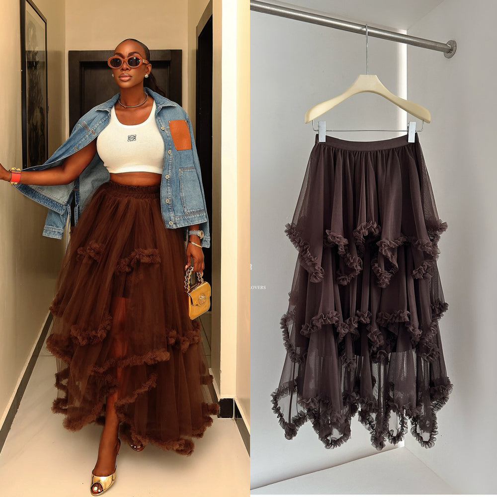 export elastic waist mesh ruffle asymmetrical tiered cake skirt midi high waist a-line midi skirt