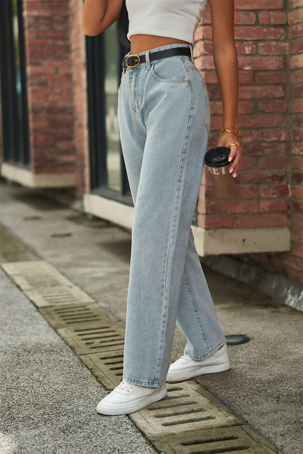 Self-built  fashion cross-border  new butterfly print light color mid-waist denim straight pants