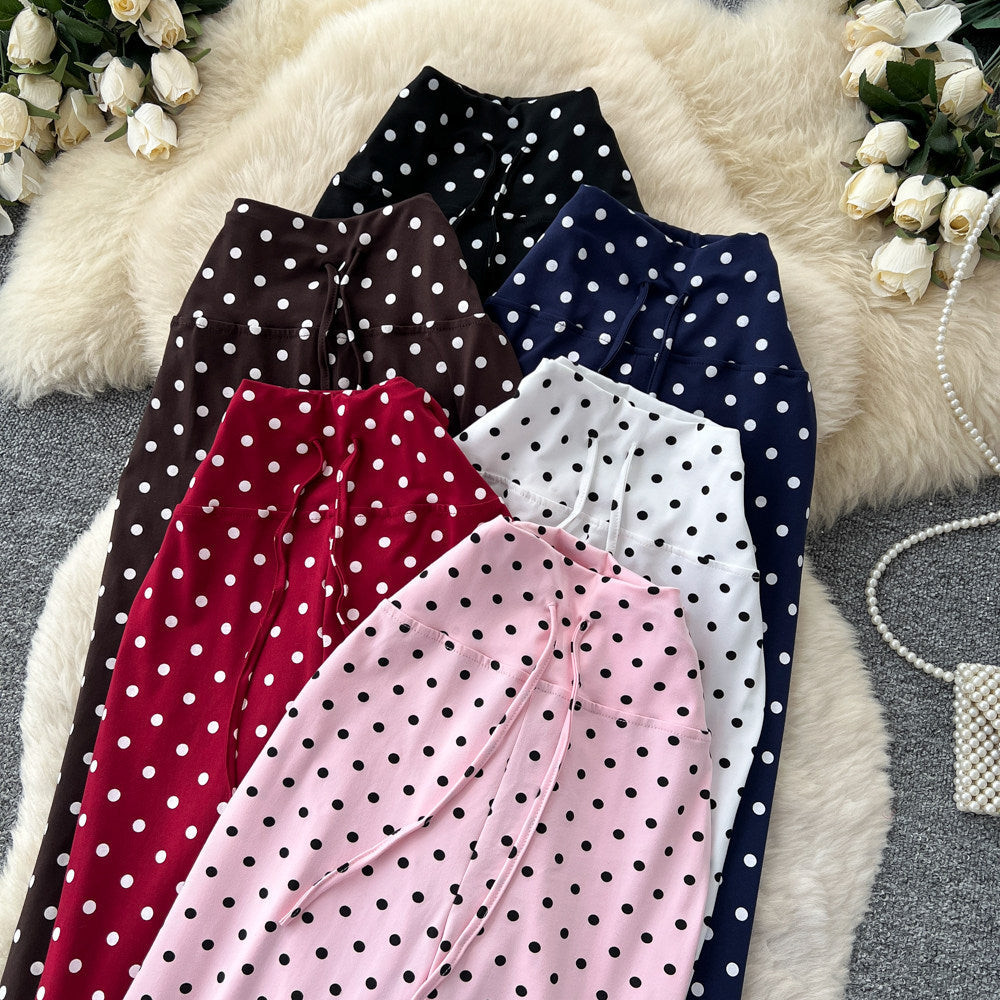 K-stylehigh waist polka dot lazy feeling strappystraight-leg pants for women  spring summer lazy styleslimming lookelegantcasual pants