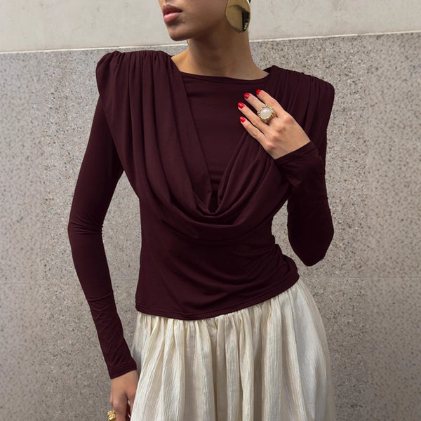 Elegant drape crew neck long-sleeved top women's 2025 winter fashion knitted bottoming T-shirt temperament slim-fitting bottoming shirt