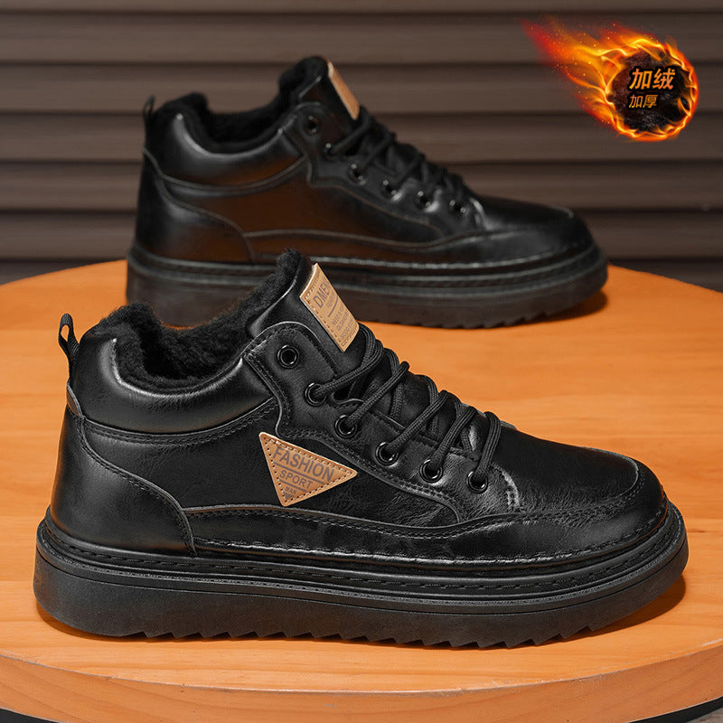 Fleece-lined men's shoes 2025new arrival autumn winter high-top sneakers men's leather heattechthickened cotton shoes low-top boots